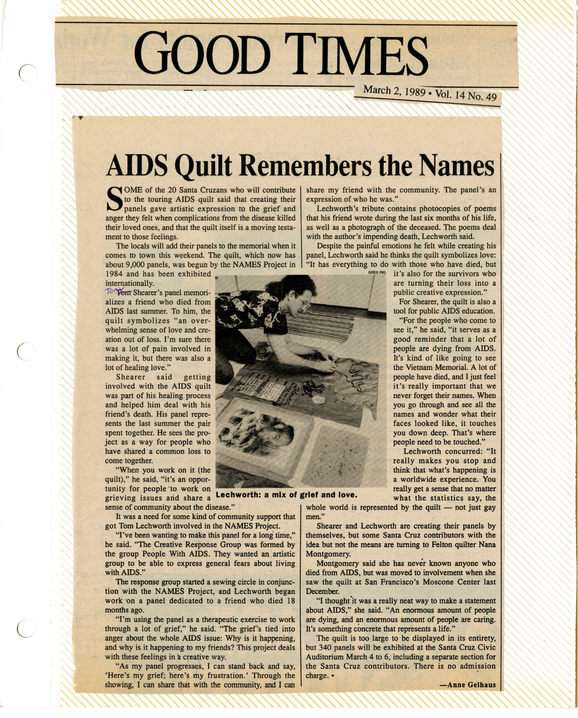 Good Times Magazine Article about AIDS Quilt, 1989.