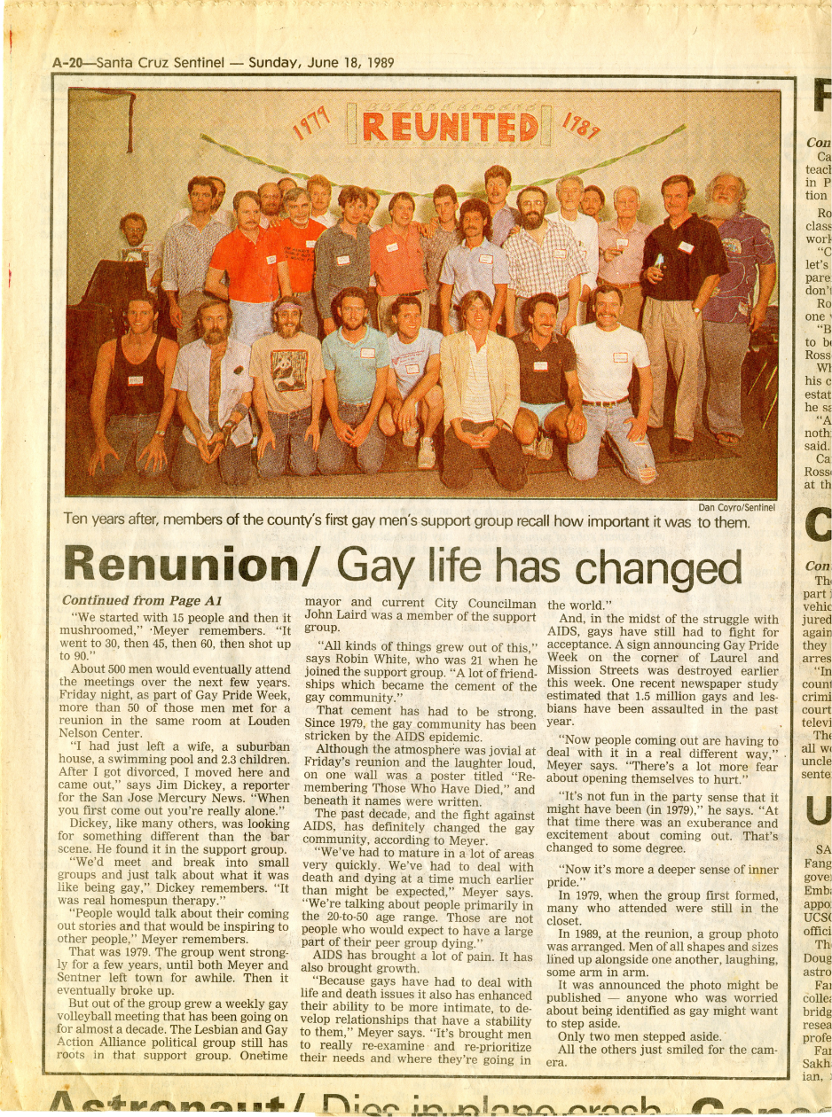Santa Cruz County Sentinel Newspaper Article about 1989 Reunion of Gay Men's Support Group