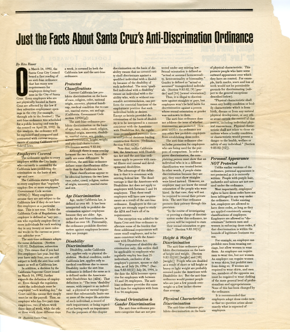 Just the Facts About Santa Cruz's Anti-Discrimination Ordinance Newspaper Article.