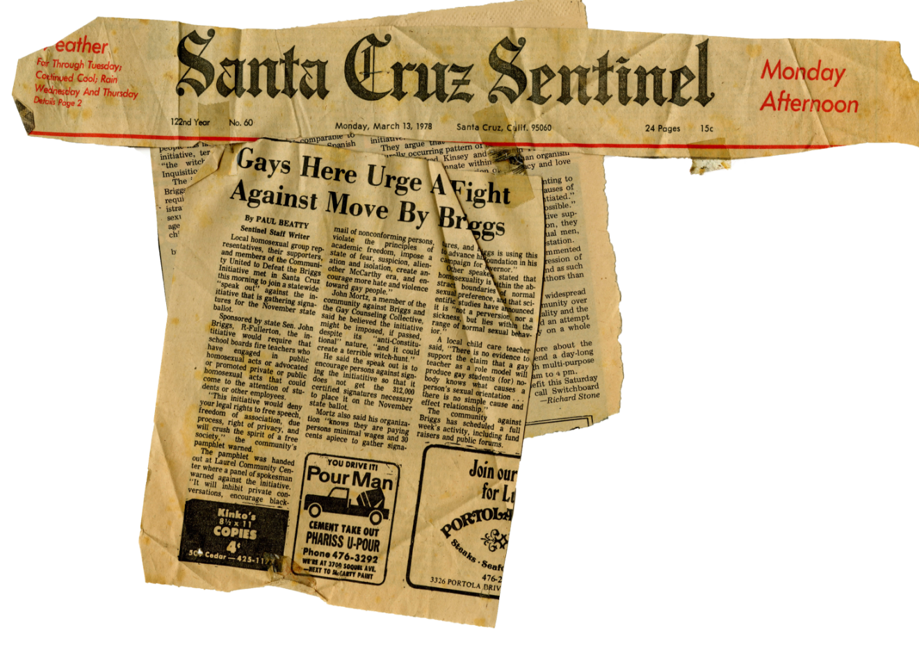 Santa Cruz Sentinel Newspaper Article about Briggs Initiative.
