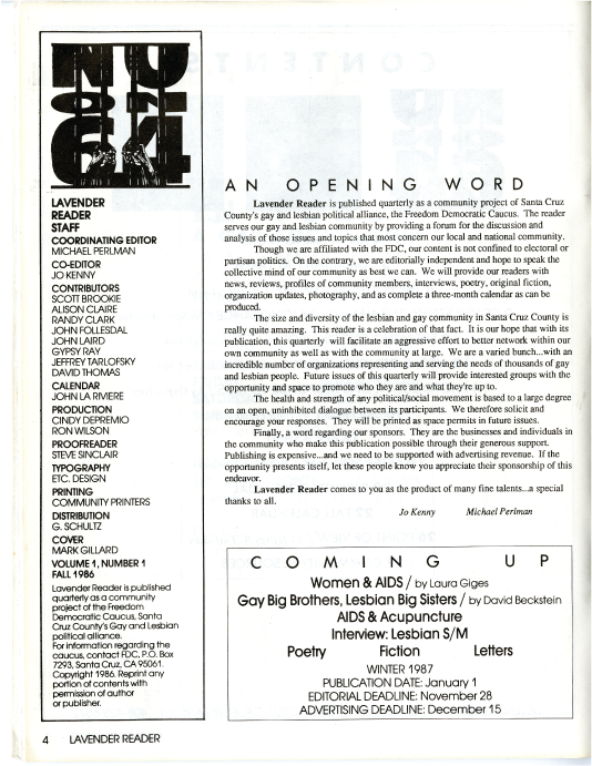 Lavender Reader 'An Opening Word' page, 1986.